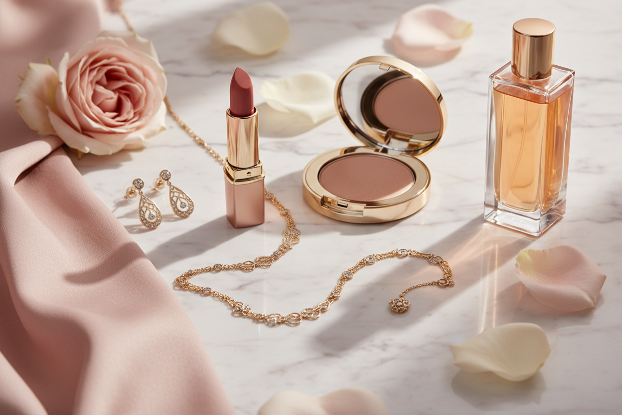 Generate a realistic image for jewellery and cosmetics brand